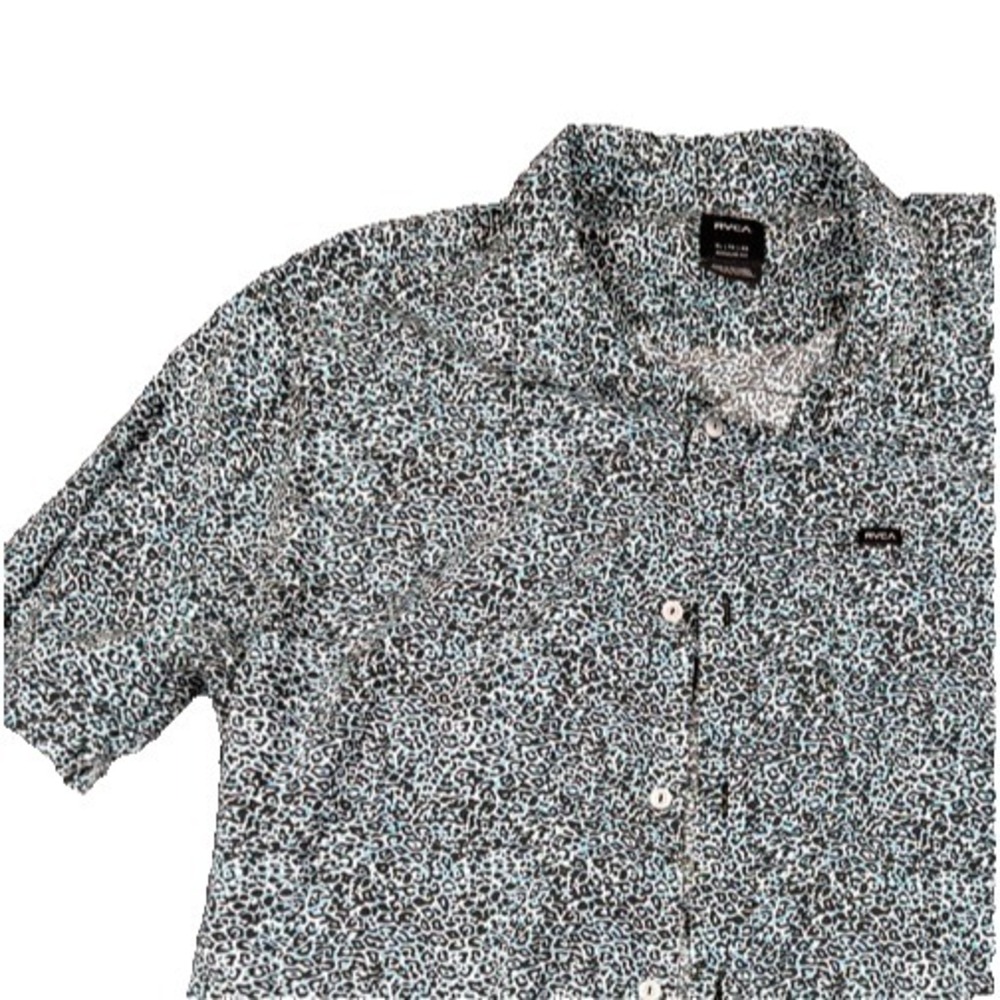 RVCA Leopard Print Shirt XL Blue Black Animal Pattern Short Sleeve Regular Fit